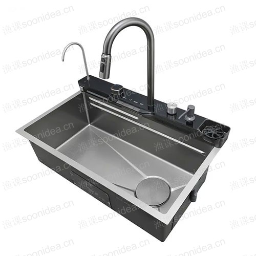 Single Bowl kitchen Sinks, Stainless Steel Bar Sink With Pull Down Sprayhead Faucet, Smart Modern Kitchen Sink